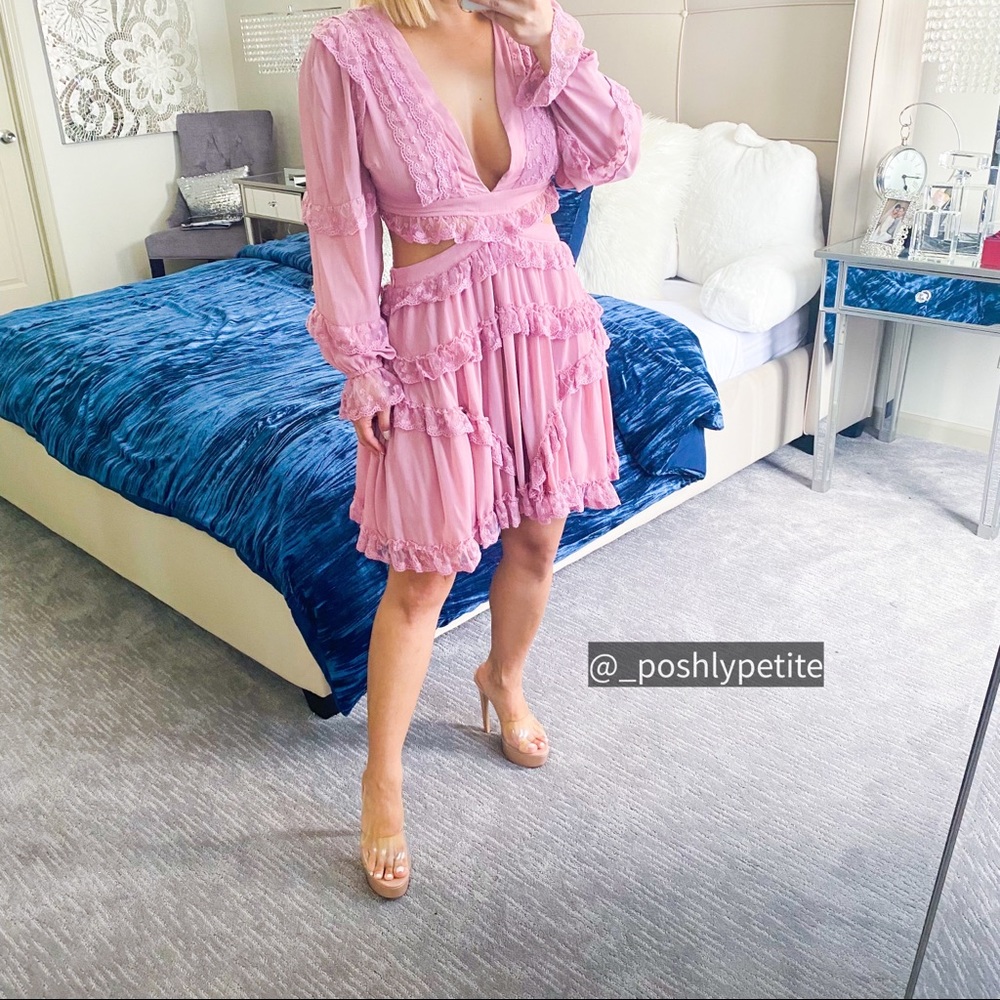 La’atiste mauve flower detail Ruffle Lace Up mini cutout strap dress